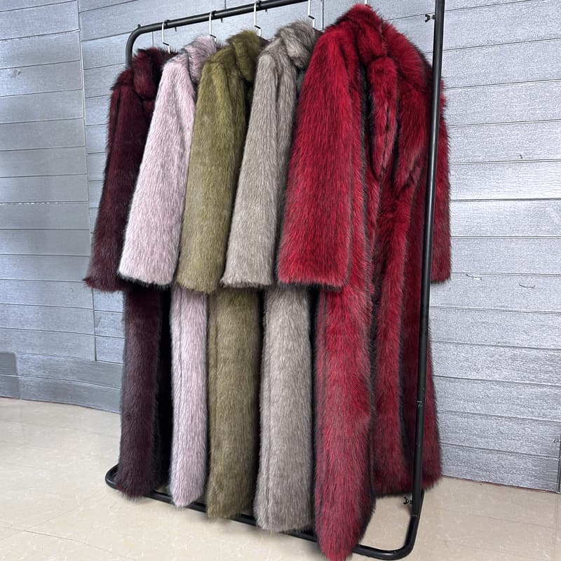 Women's Clothing Women's Faux Fur Long Coat With Lapel Collar - Extra Long Winter Overcoat In Military Green, Red, Burgundy, Pink, Khaki (S/M/L/XL)