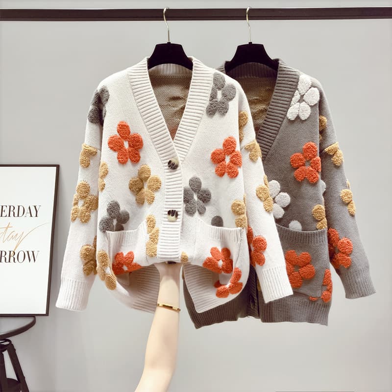 "Women's Sweet Knit Cardigan - Floral V-Neck Long Sleeve Oversized Loose Fit Casual Chic Coat"