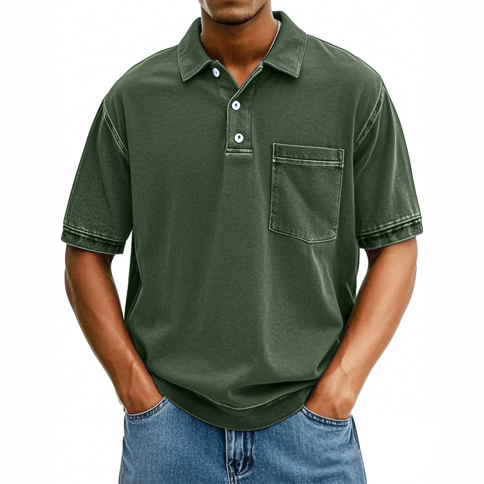 Men's Clothing Lapel Short Sleeve Pullover Casual T Shirt Button Shirt