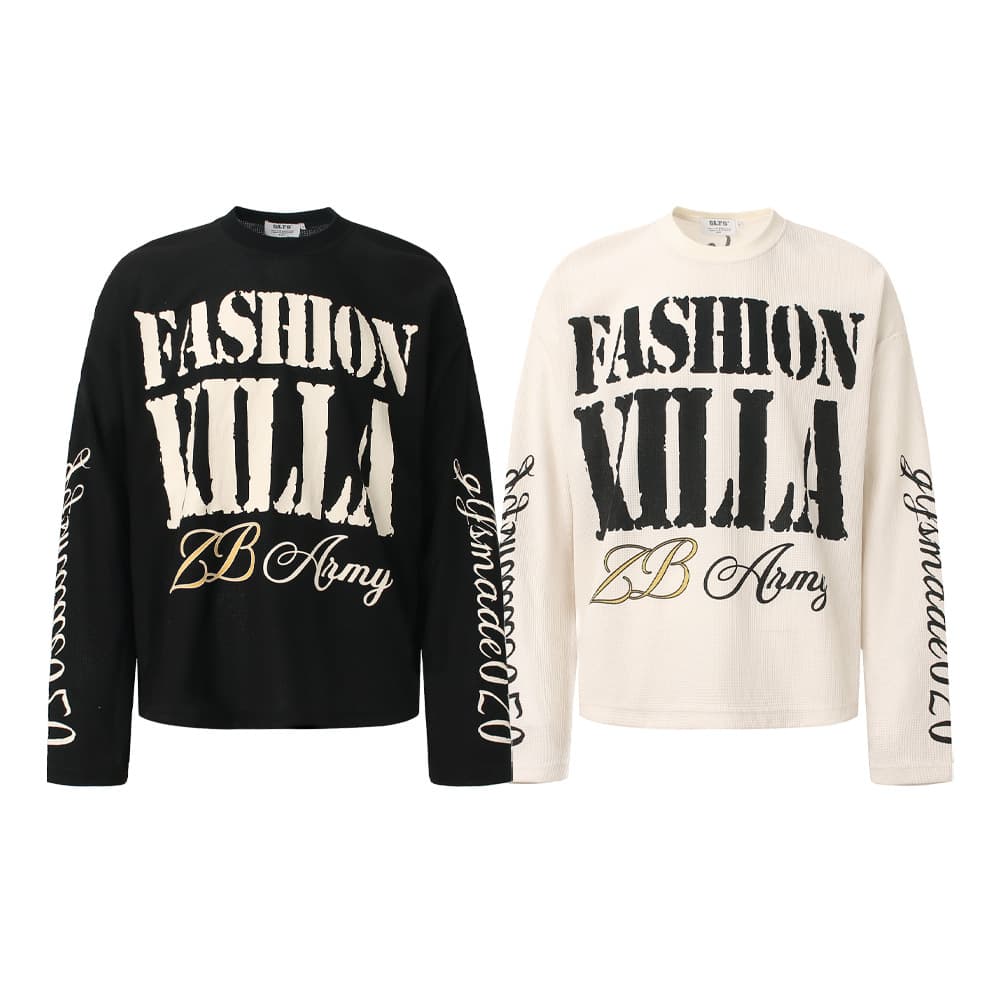 Men's Clothing Waffle Long Sleeve T-Shirt Retro Street Style High-End Letter Print Design Unisex
