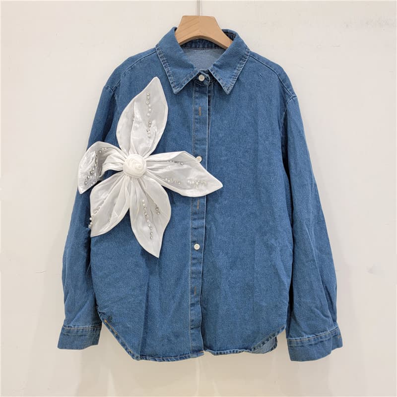 Women's Clothing Heavy beaded three dimensional flower stitching denim shirt for women small jacket shirt top