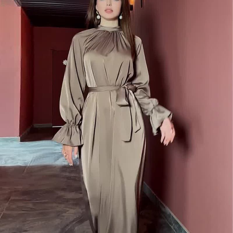 2024 Autumn New Solid Color Satin Long Sleeved Loose Fitting Dress With Belt For Women's Clothing