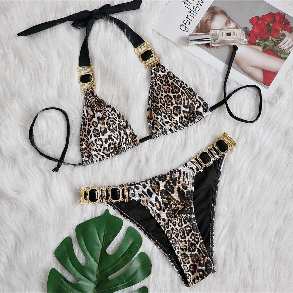 Bikini swimsuit for women ins celebrity style vacation sexy leopard print diamond low waist push-up split swimsuit