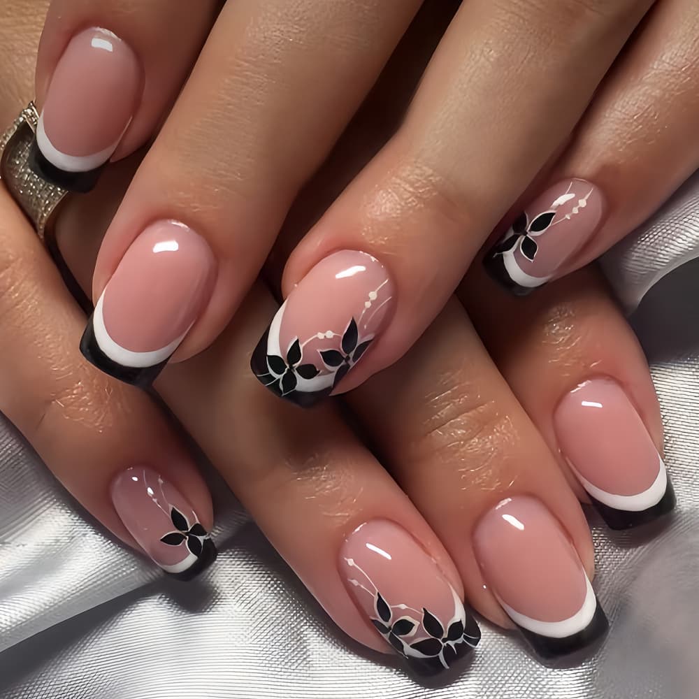 Chinese nails 24 pieces black French wear nails white stripes Chinese style flower design press on false nails