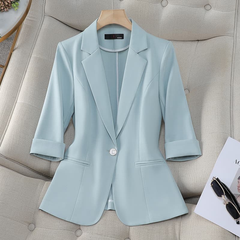 Summer Light Blue Blazer For Women - Slim Fit Casual Short Sleeve Jacket - Breathable Polyester - Office & Everyday Wear