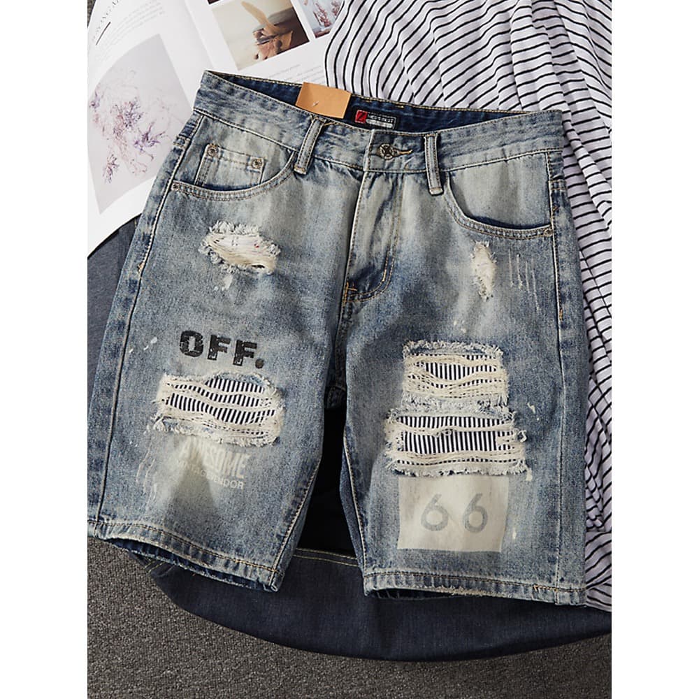 Men's Trendy Summer Denim Shorts Style Thin Korean Slim Fit Ripped Five Point Jeans