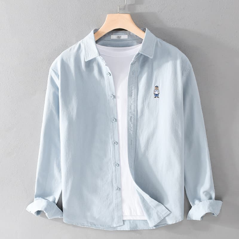 Men's Clothing Spring And Autumn Casual Pure Cotton Long Sleeved Shirt Versatile Bear Embroidery Trendy Loose Shirt