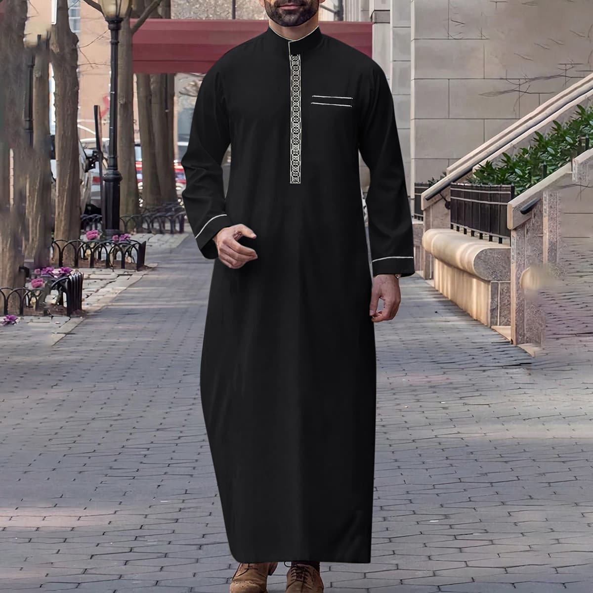 Muslim Long Sleeved Embroidered Stand Collar Arabic Style Loose Men's Casual Robe ()