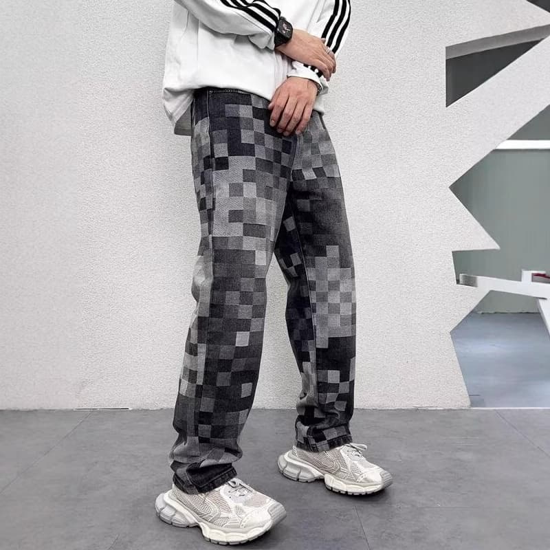 Men's Clothing Mosaic print design jeans men's American retro washed loose casual straight floor length wide leg trousers