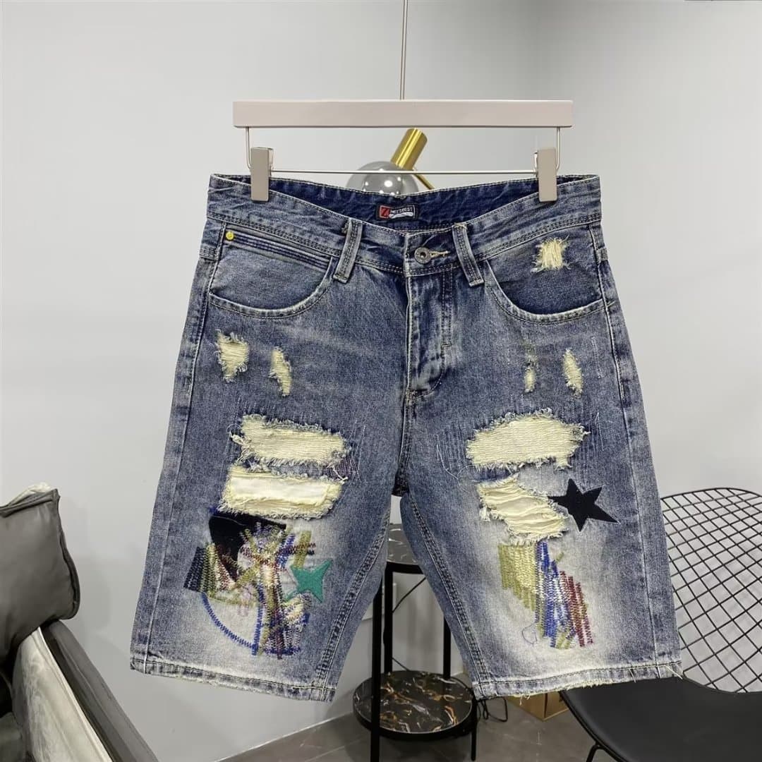 Men's Clothing Fashionable And Stylish Personalized Embroidered Denim Shorts Slim Fitting Skinny Pants Summer Thin Style Ripped Shorts