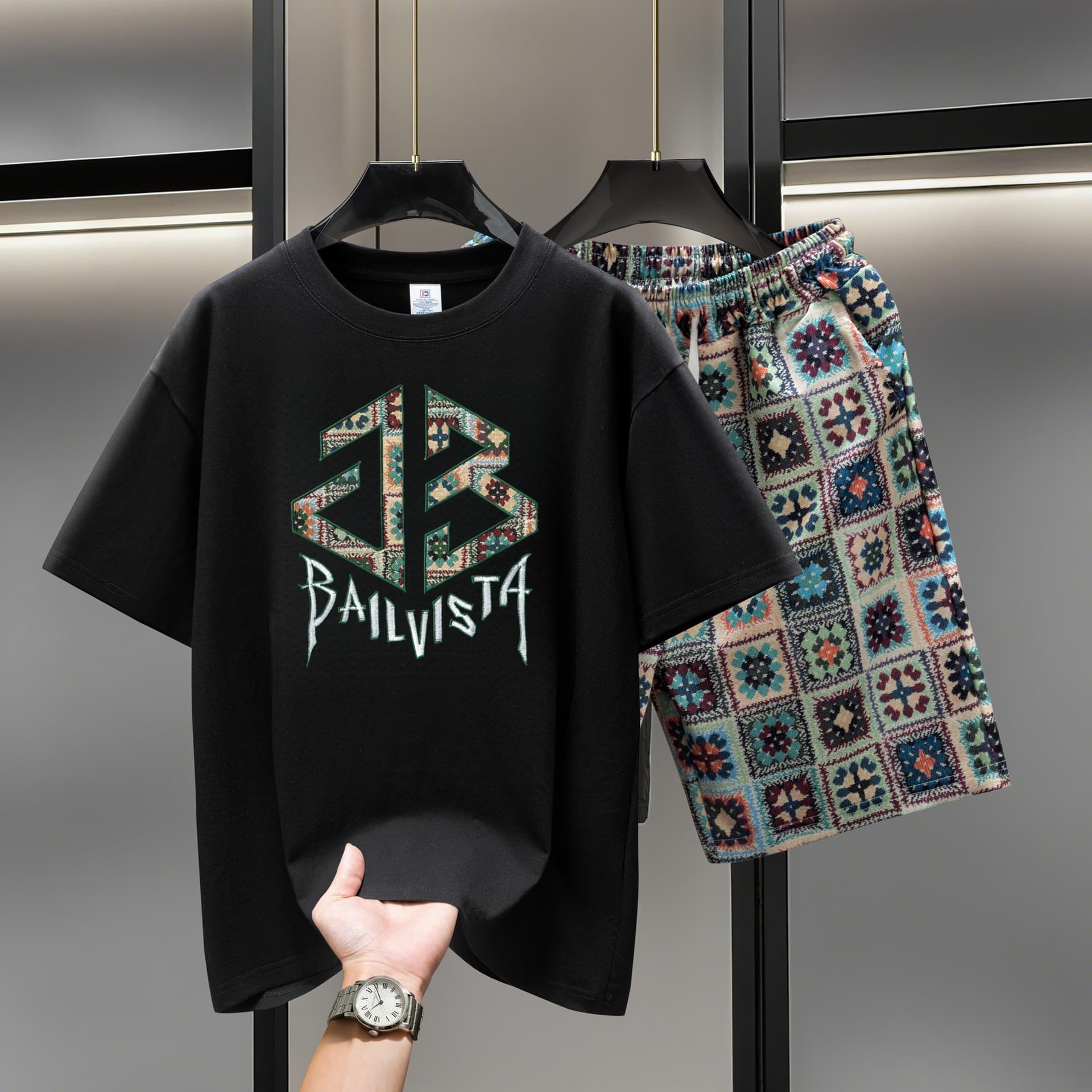 Men's European Style Trendy Summer Suit High End Fashion Casual Loose T-Shirt And Shorts Crew Neck Short Sleeved Cool Two Piece Set