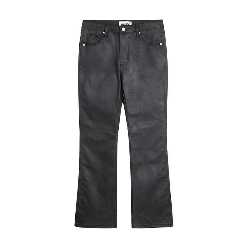 High Street Black Flared Waxed Jeans – Coated Denim Trousers With Vintage Loose Fit, Trendy & Fashionable For Men