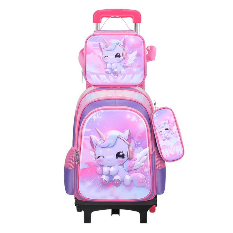 Ensemble sac à dos d'école en cuir 3D pour enfants, sac à roulettes, sac à déjeuner, trousse à crayons, dimensions
