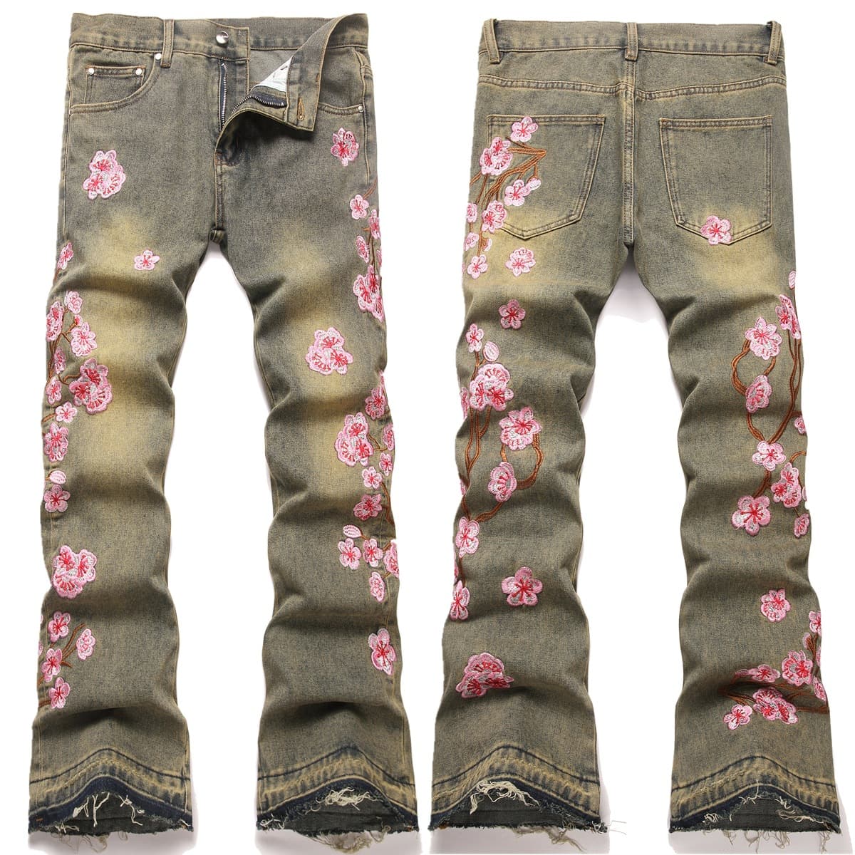 Men's Denim Slim Fit Flared Pants European And American Street Fashion Ins Plum Blossom Embroidered Denim Trousers