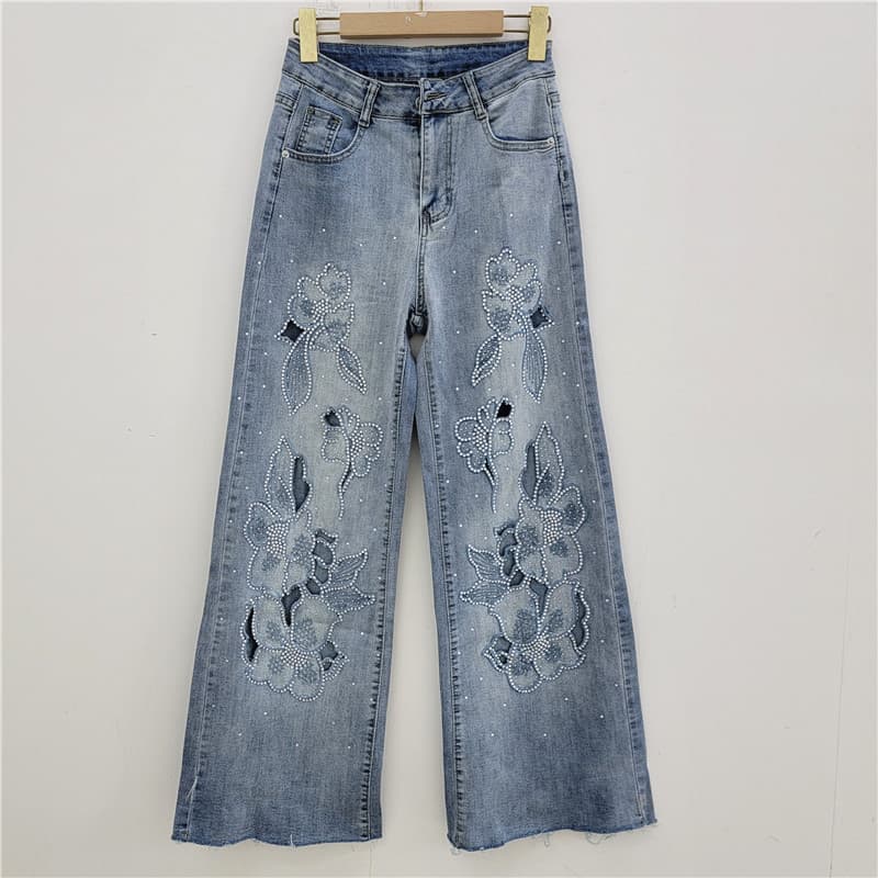Embroidered Wide Leg Jeans For Women 2025 Spring And Summer New High Waist Loose Design Niche Raw Edge Stretch Straight Pants