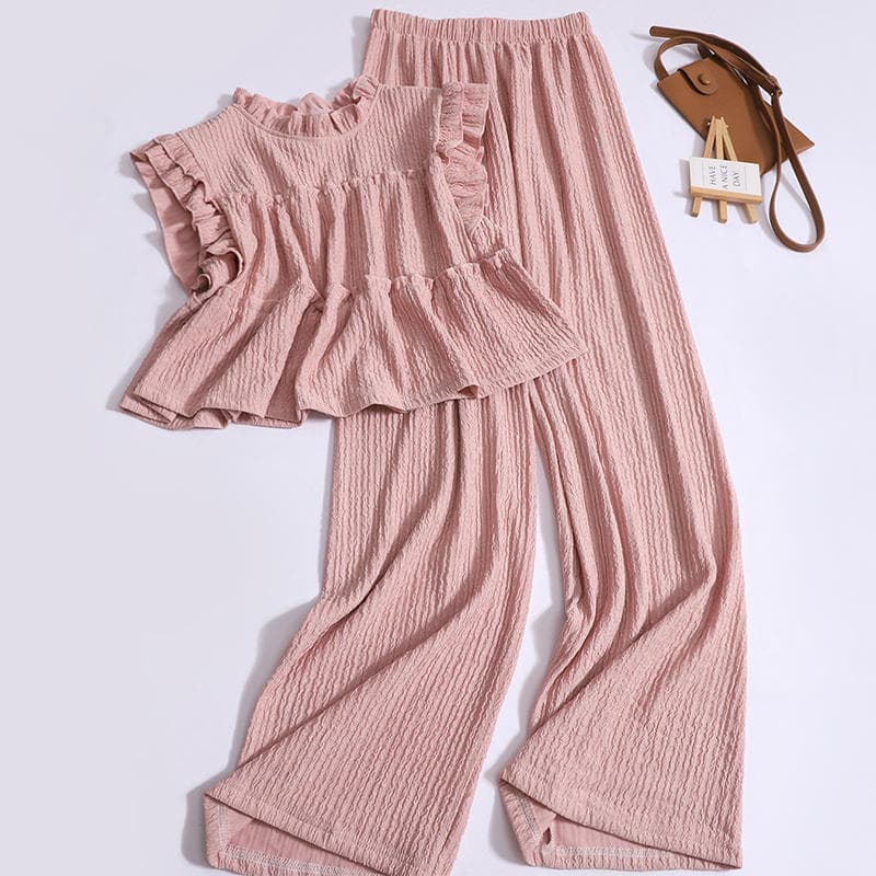 Women's Clothing Sleeveless Suit Stand Collar Lace Pleated Top Tea Style Outfit Elastic Waist Wide Leg Pants Two Piece Suit