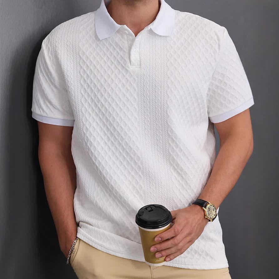 Men's Clothing Jacquard Fabric Button Placket Solid Color Lapel Basic Texture Top