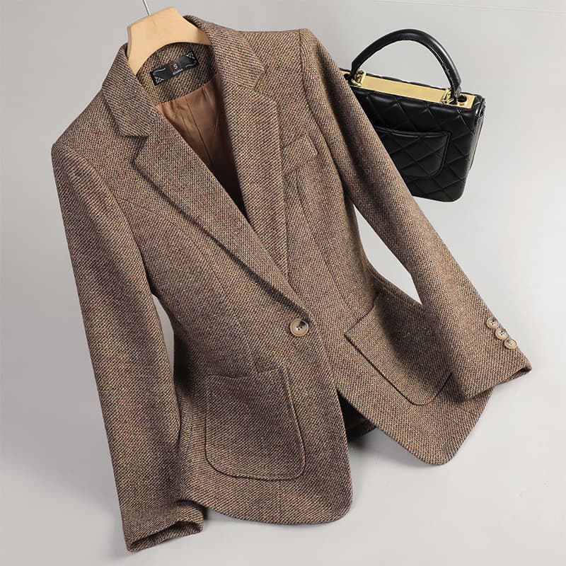 Houndstooth Wool Blend Blazer For Women (Petite-Friendly, Single-Button, S-XXXXL, Fall/Spring Office Wear,Brown/Grey/Rust Options)
