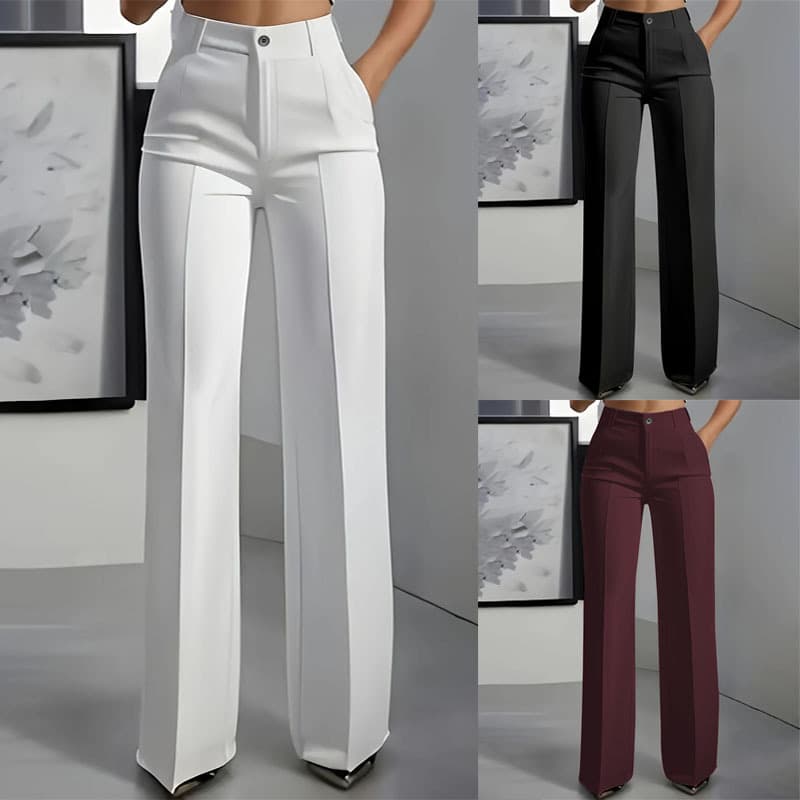 Elegant High-Waisted Straight-Leg Trousers For Women - Office Chic Wide-Leg Dress Pants In White, Black & Wine Red