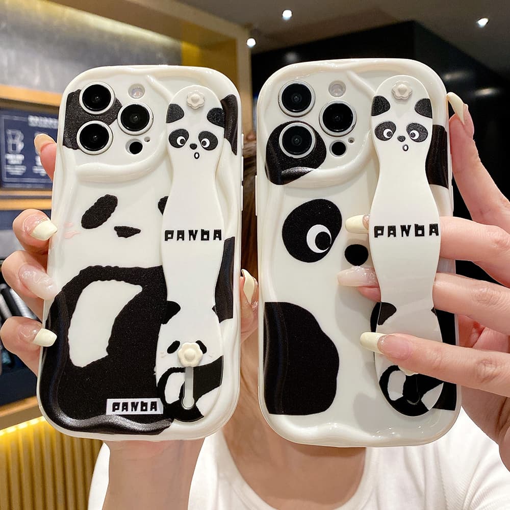 Wrist Strap Case For Samsung S25 S24 S23 S22 Plus Ultra S21 S20 FE A55 54 35 15 52 53 73 25 Cute Panda Phone Holder Cover