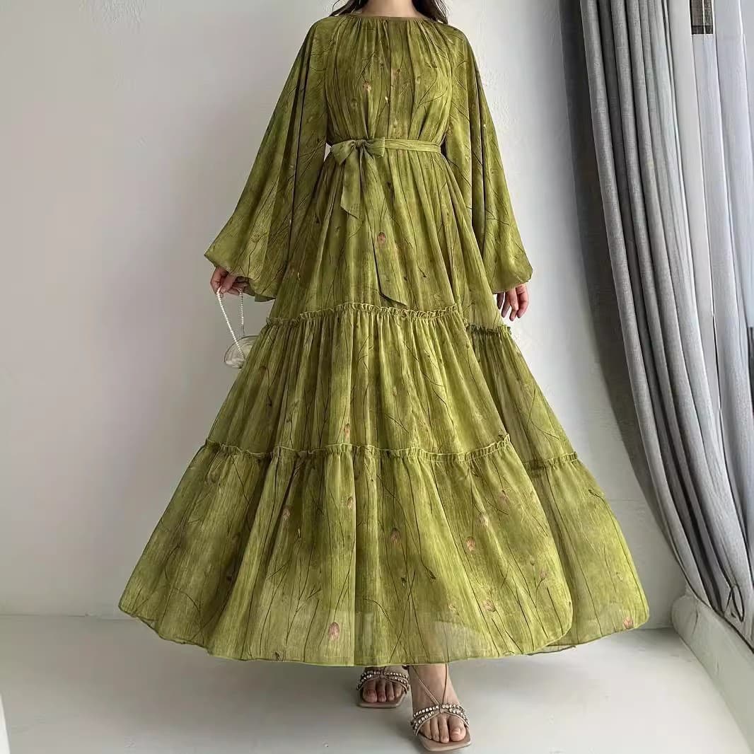 Ladies New Muslim Chiffon Belt Robe Fashion Elegant Dress