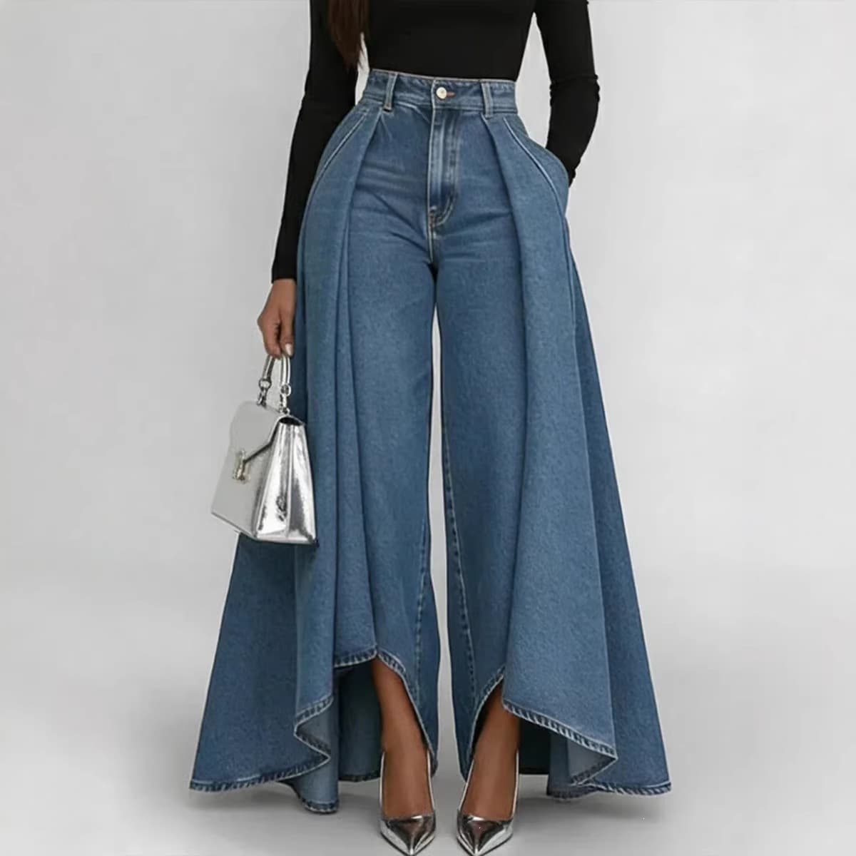 High Waisted Wide Leg Denim Jeans for Women Patchwork Washed Solid Color European And American Style Three Dimensional Pleated Trousers