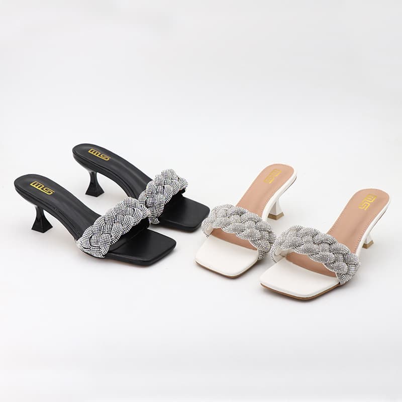 Women's Shoes Summer New Arrival Square Toe Woven Rhinestone One Shot Sandals Stiletto Heels High Heels Versatile Black Outdoor Sandals