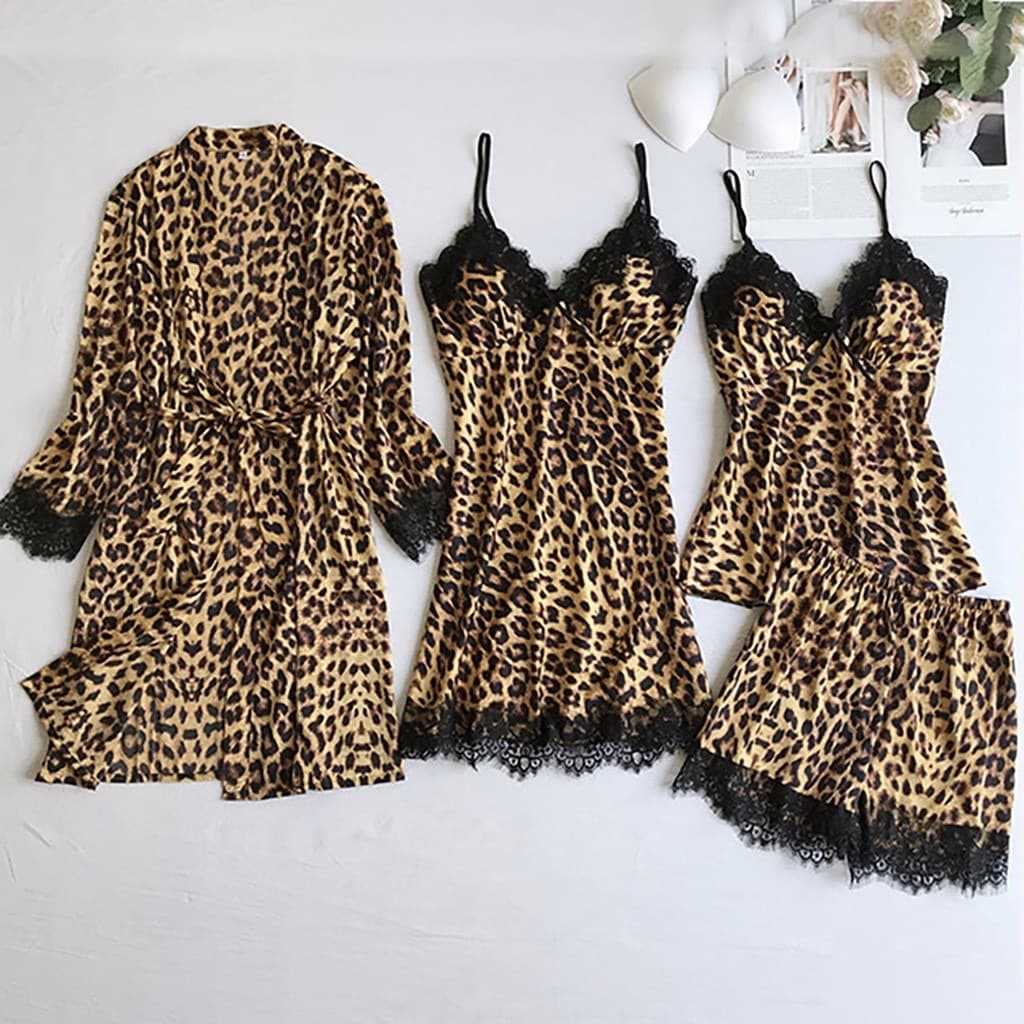 Women's Sleepwears Silk Black Leopard Print Home Clothes Pajamas Set Fashion Lace Pajamas Set