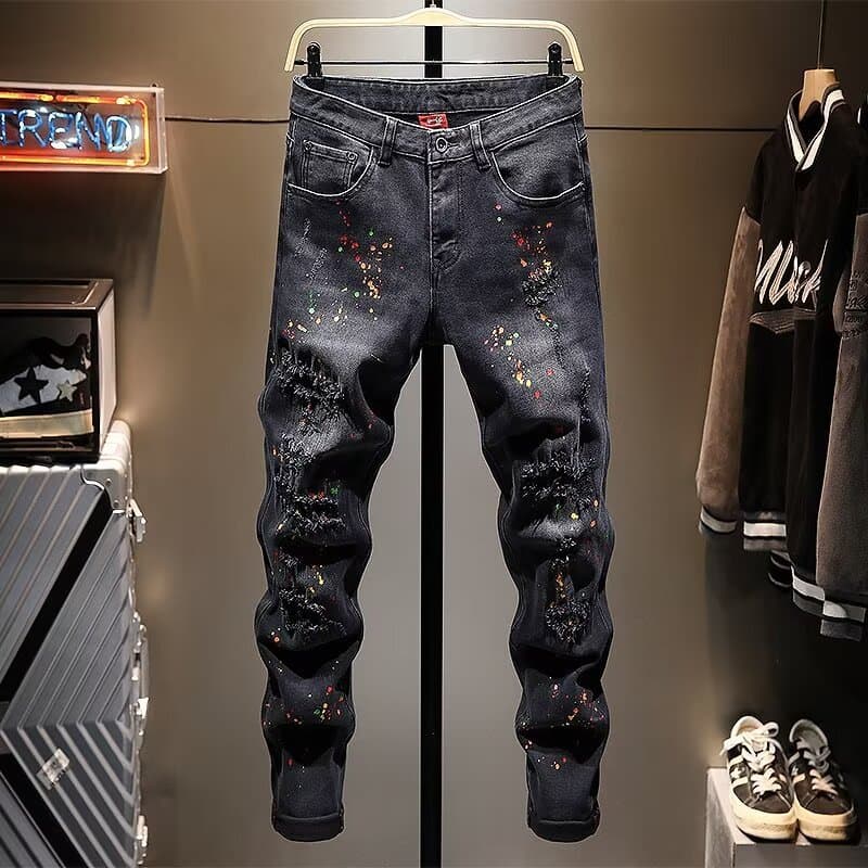 Men's Clothing Handsome Personality Black And Gray Paint Scratched Jeans All Match Slim Ink Splash Hole Pants