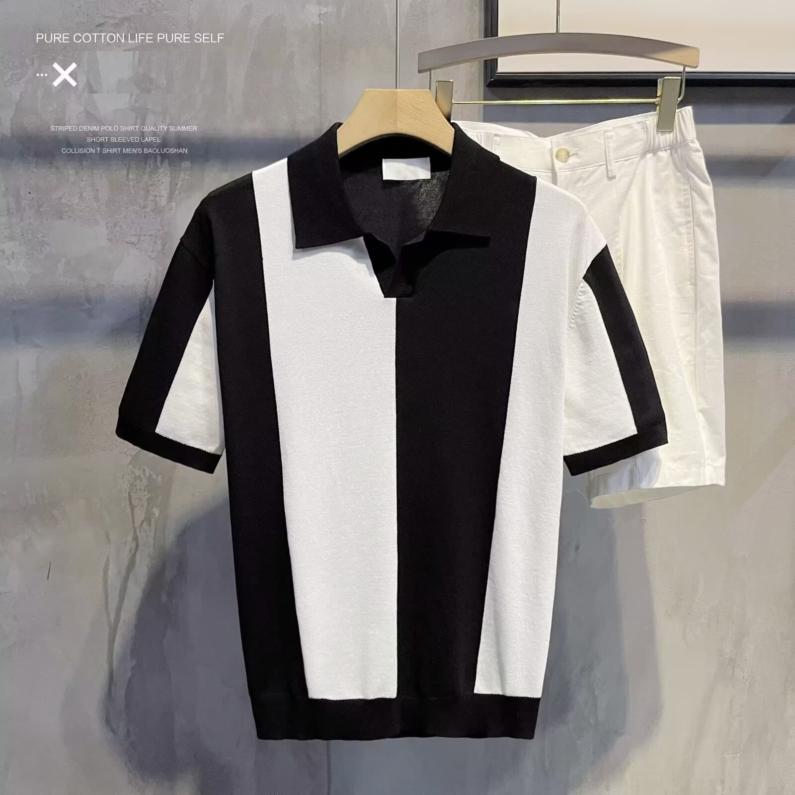 Men's Clothing Loose Short Sleeved Gradient Color Polo Shirt Casual Striped Contrast Lapel Breathable Knitted Top