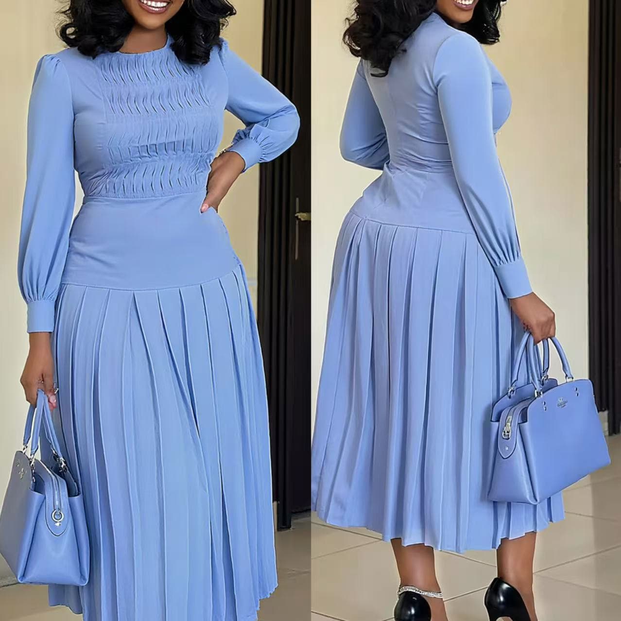 Women's Clothing Fashion Long Sleeved High Waisted Pleated Slim Solid Color Elegant High-Waisted Ruffle Long Sleeve Solid Color Maxi Dress For Women