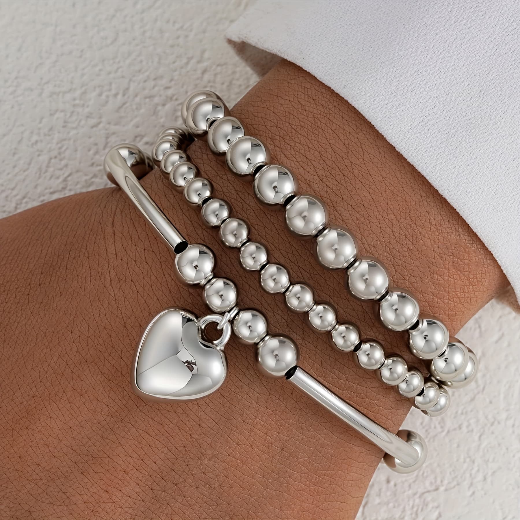 Ladies' Silver Bead Bracelet Set, 3-Piece Bohemian Fashion Simple Elastic Bracelet Stacked Ball Bead Tube Bracelet Bracelet Jewelry Set Gift