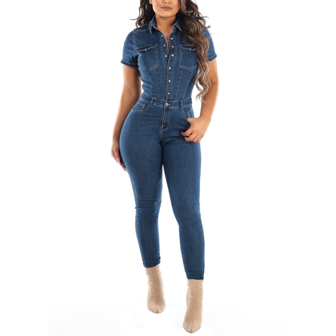 Women's Clothing Single Breasted Solid Color Lapel Casual Sexy Mid Waist Slim Fashion Denim Short Sleeved Jumpsuit