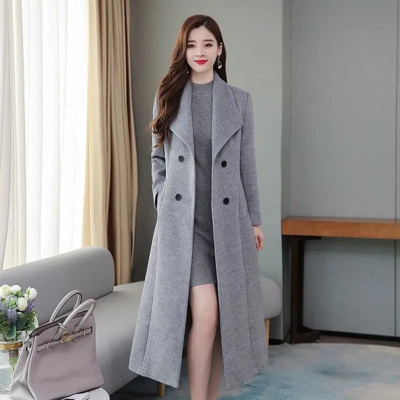 Elegant Long Wool Coat For Women - Knee-Length, Thickened, Plus Size, Double-Breasted With Belted Waist