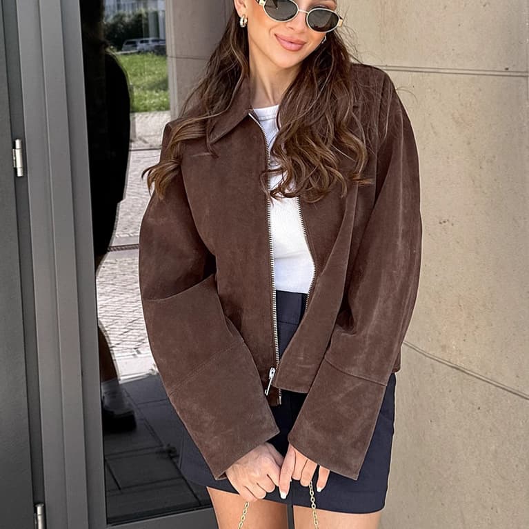 Nordlicht American Retro Brown Suede Lapel Loose Coat High-end Feel 2025 Autumn Winter Cross-border Melard Small Blazer