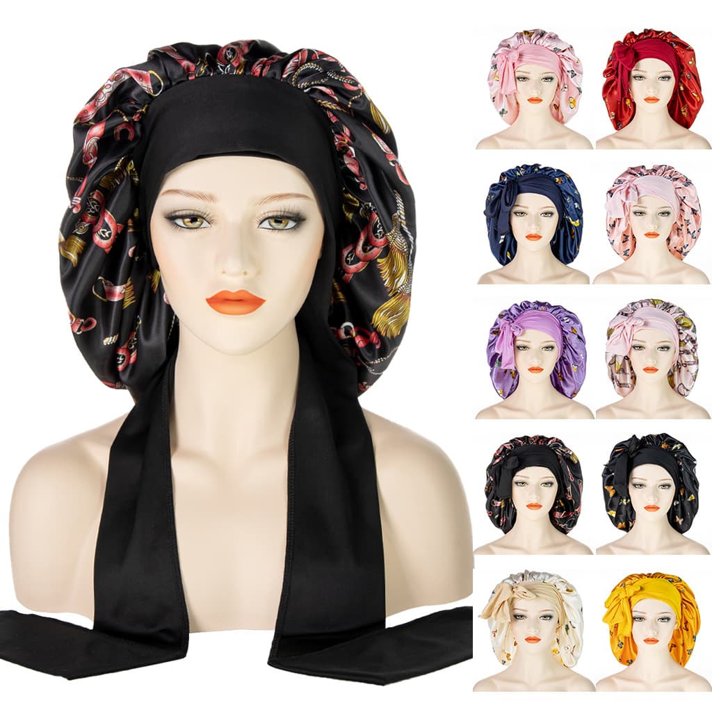 Unisex Hair Care Wide Brim Long Tail Extra Large Shower Cap Fashion Print Ladies Large Satin Night Cap
