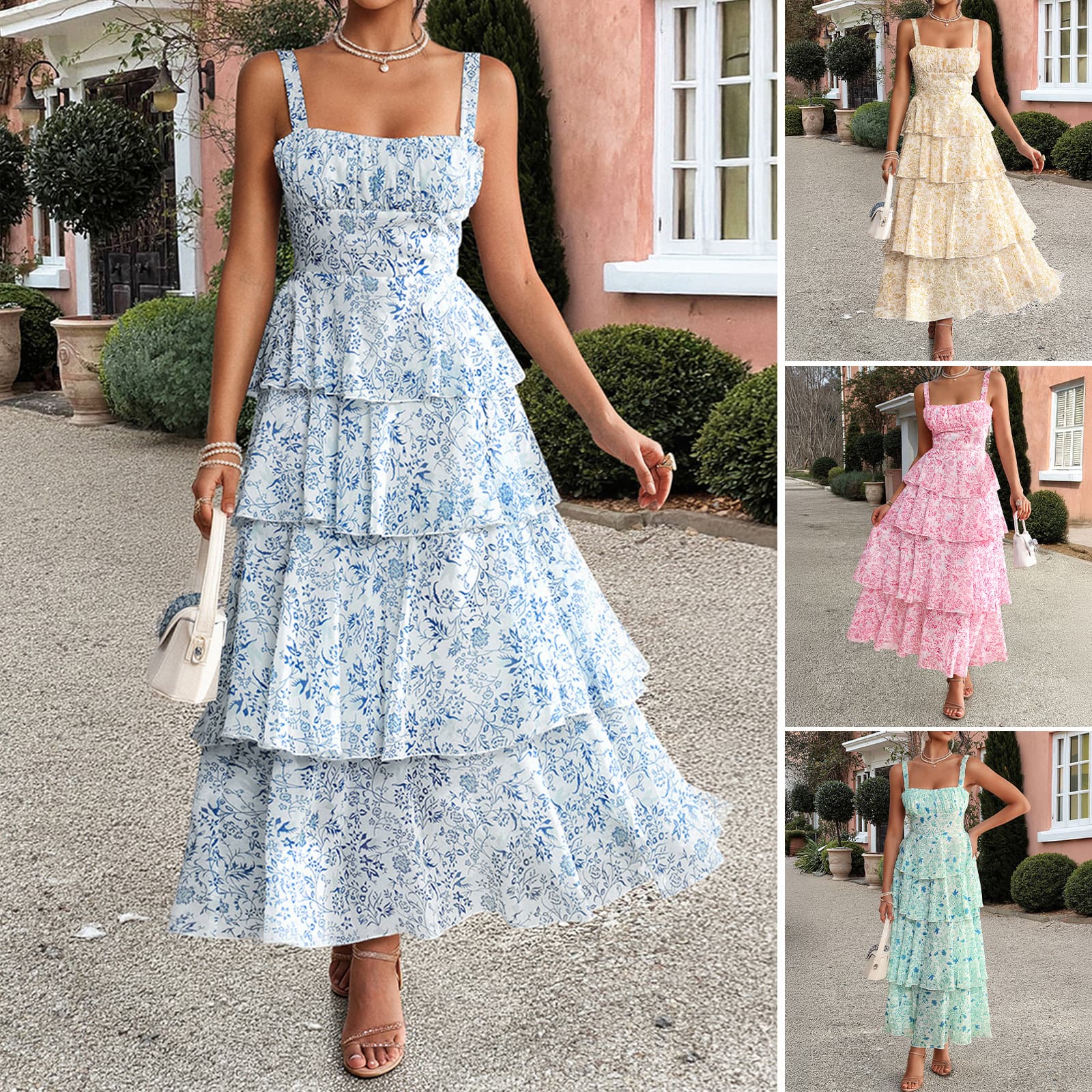 Women's Clothing Spring And Summer Temperament Forest Style Small Fragrance Floral Contrast Color Chiffon Suspender Dress