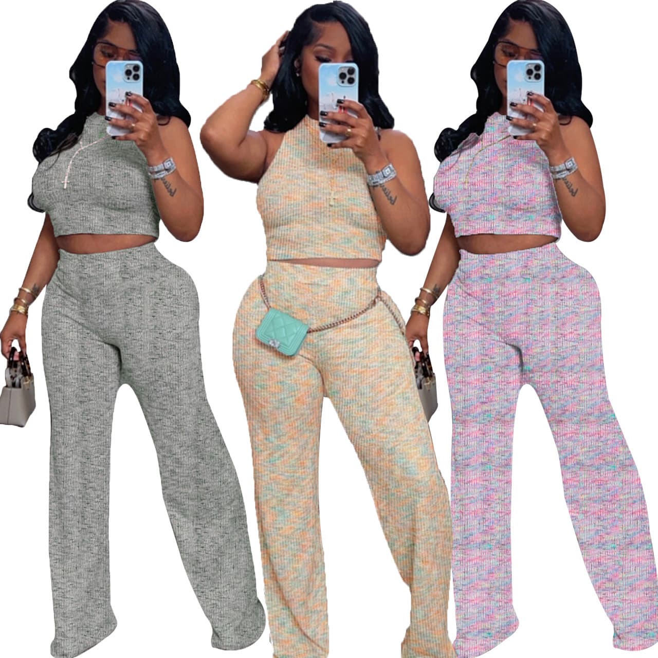 Women's Summer Two Piece Suit Sleeveless Printed Wide Leg Trousers Style Fashion For Women