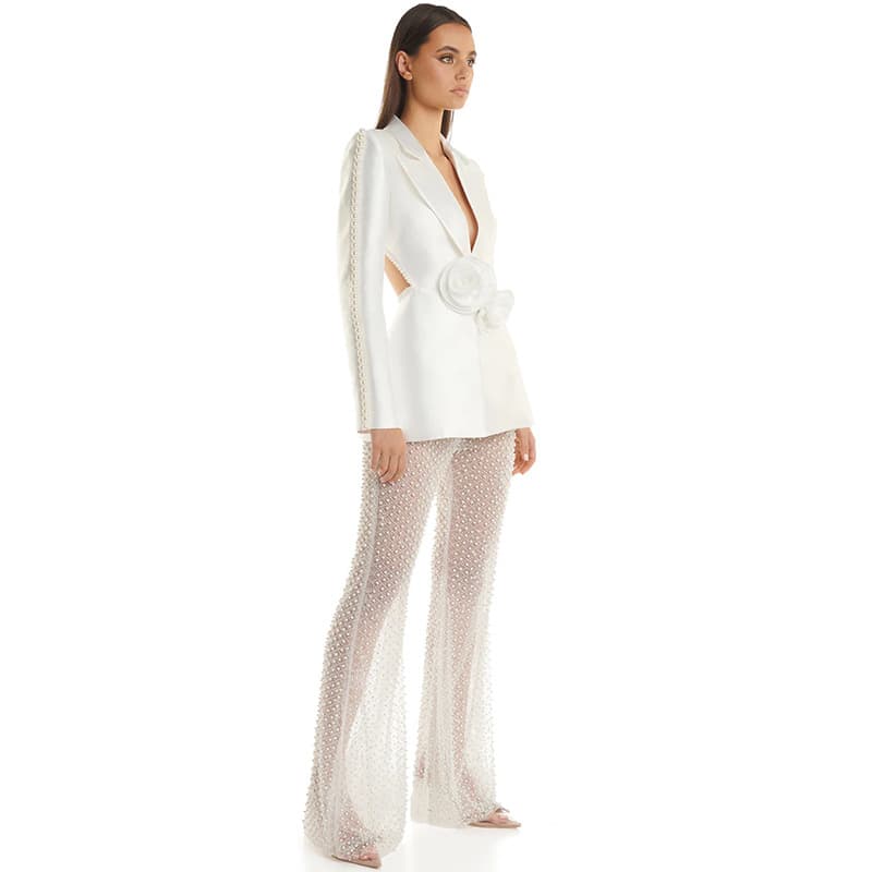 K New Fashion Hollow Beads Three-dimensional Flower Suit; Pearl Sequin Mesh Trousers.
