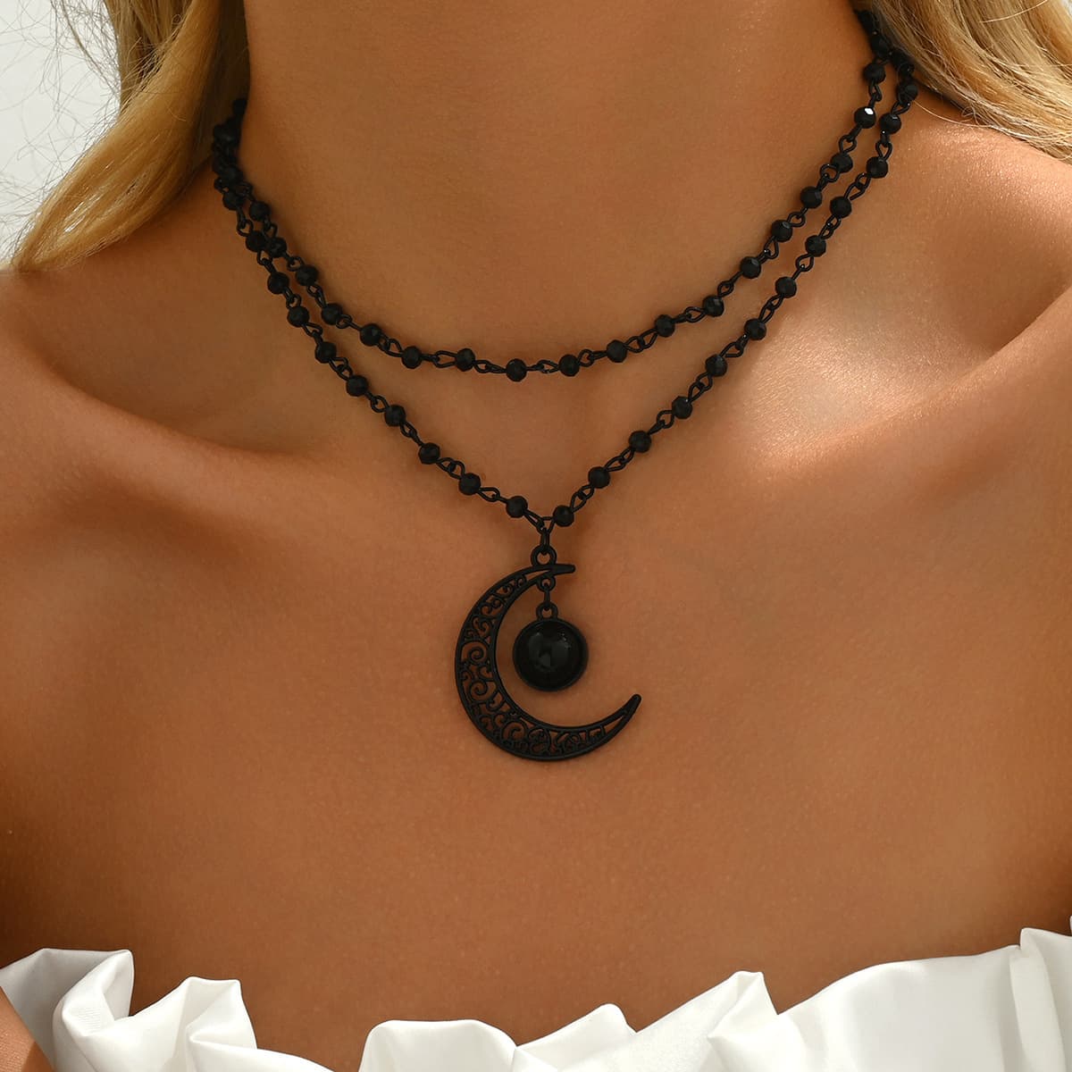 European And American Cross-Border Jewelry Gothic Dark Crystal Bead Chain Hollow Moon Alloy Pendant Necklace