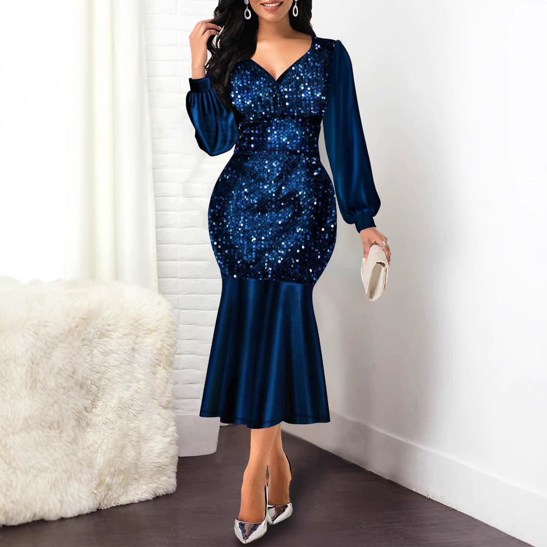 Women's Clothing Plus Size Dress Sexy Sequin Stitching Slim High Waist Fishtail Party Evening Dress