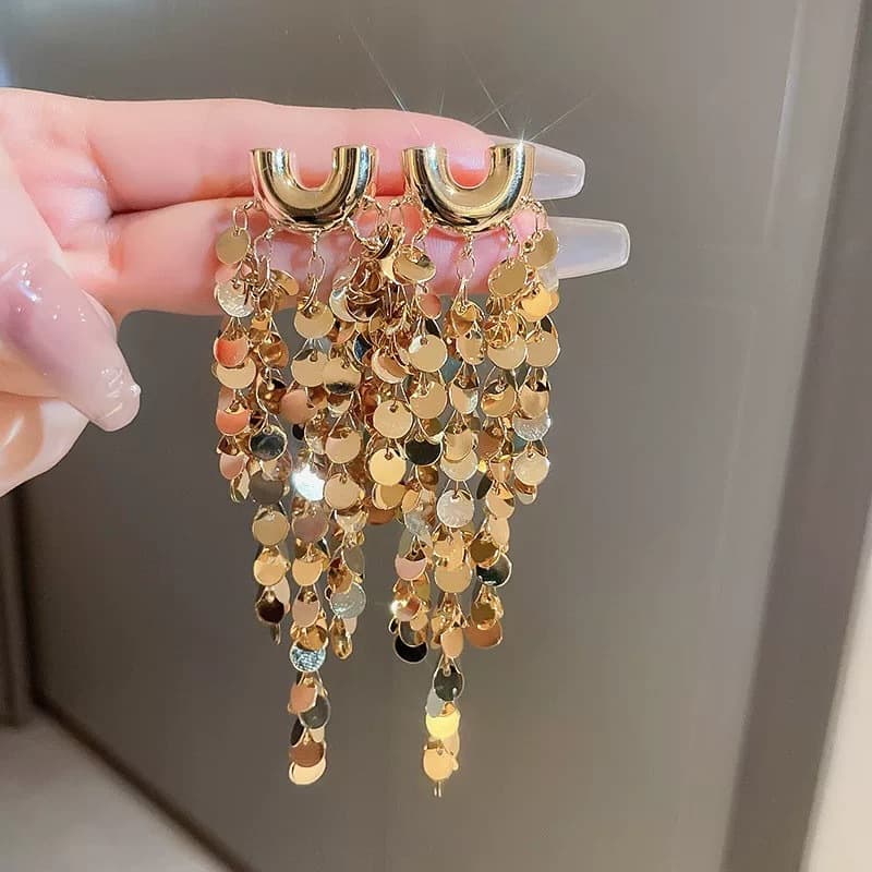 Fashionable Tassel Super Shiny Round Long Drop High-end Exaggerated Statement Earrings
