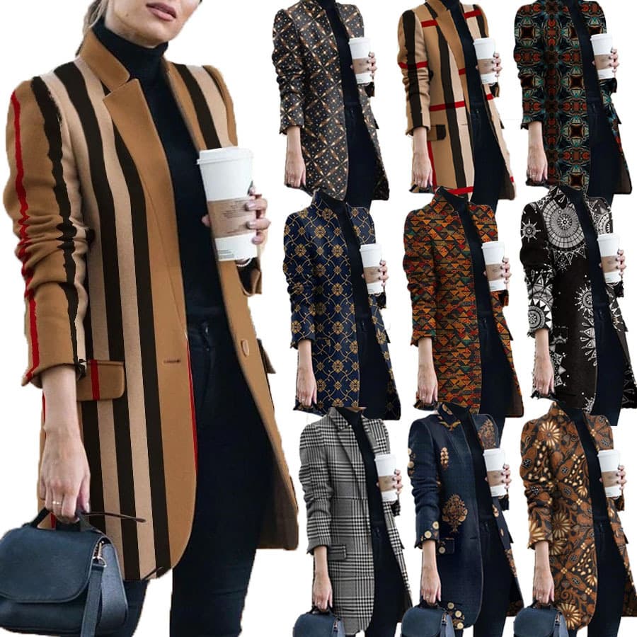 Women's Clothing Autumn and Winter New Fashion Printed Stand Collar Woolen Jacket Women