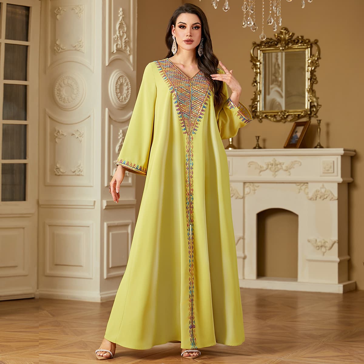 Women's Clothing Elegant Muslim Sequin Luxury Embroidered Abaya Dress With Beaded Details – Elegant Muslim Long Sleeve Maxi Dress (Apricot/Yellow)