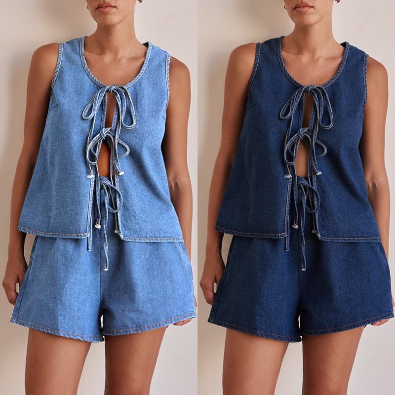 Women's Clothing Summer Fashion Casual Sleeveless Lace Up High Waist Women's Vest Denim Suit Shorts