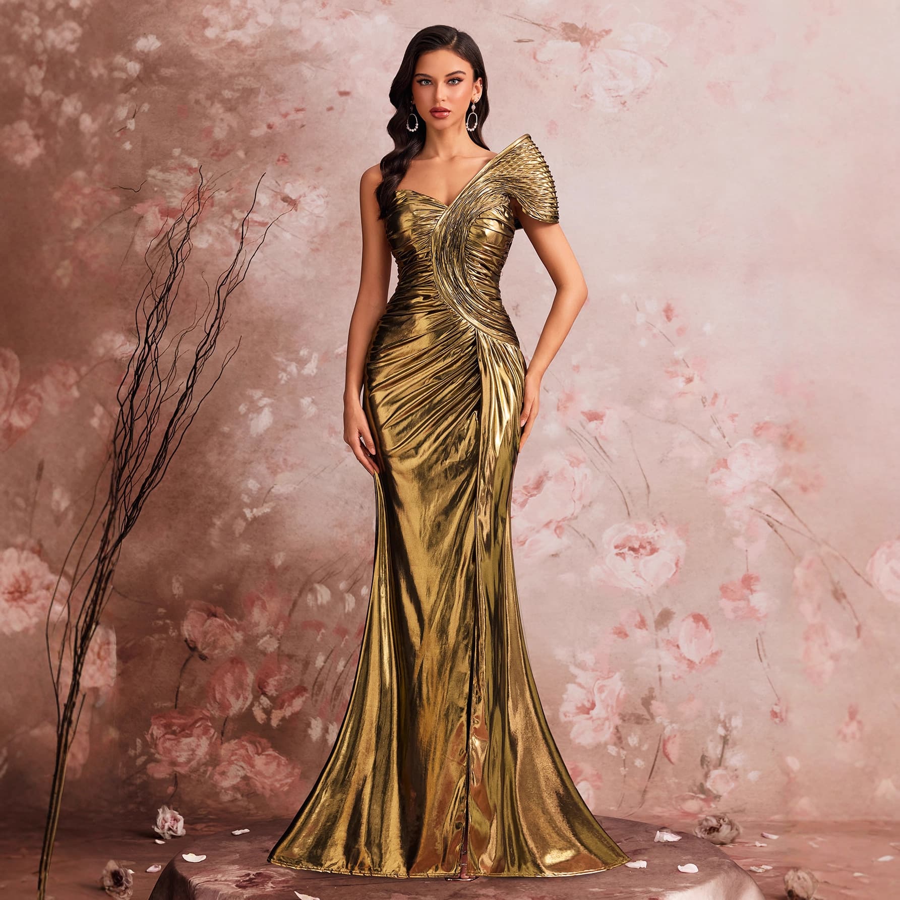 Artistic Fishbone-Pleated Evening Gown – Elegant Formal Dress With Sculpted Silhouette For Banquet, Cocktail & Gala (Gold/Grey/Teal, XS-XXL)