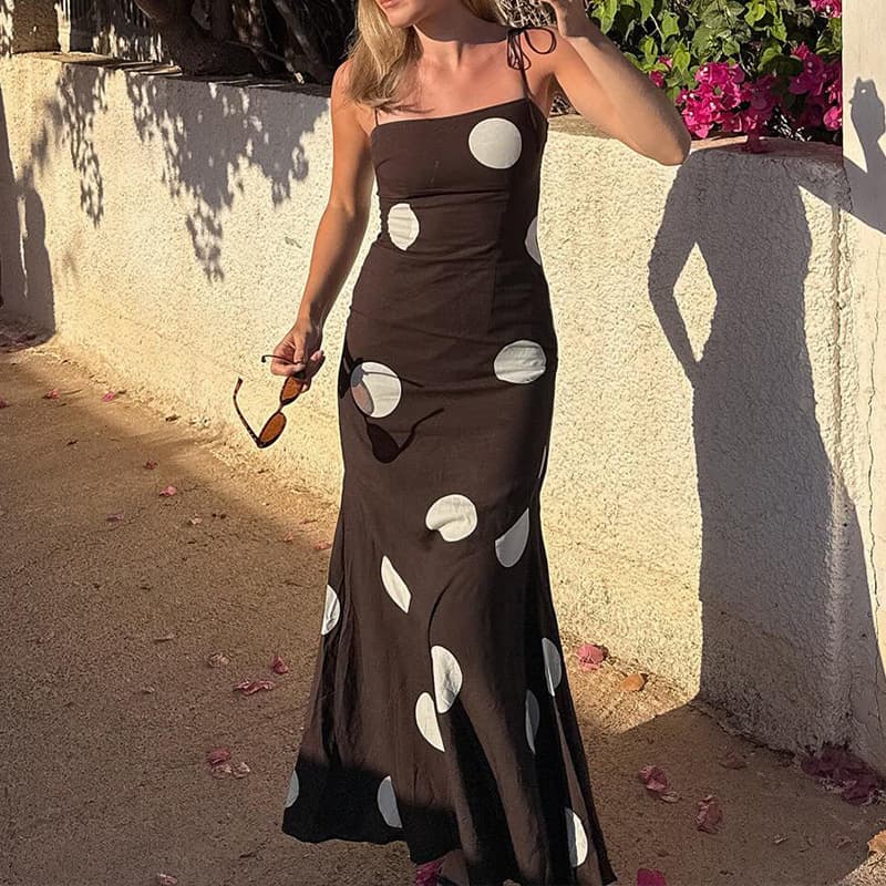 Elegant Floral Print Long Dress for Women Sexy European American Style with Tie up Backless Suspender Straps Cross Border Wholesale New