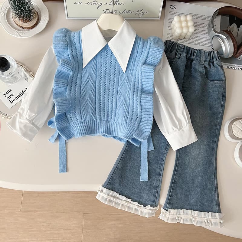 Mother & Kids Girls Spring Suit Long Sleeve 2025 New Children's Fashion Knitted Vest Shirt Suit With Lace Jeans