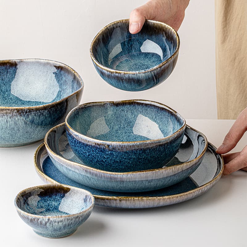 Cerulean Glaze Dinnerware Set - Handmade Kiln-Fired Blue Ceramic Plates & Bowls
