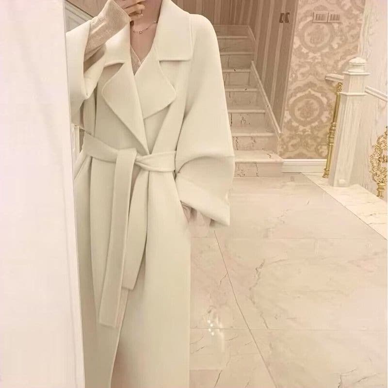 "Elegant Double-Faced Wool Blend Coat For Women - Mid-Length Winter Overcoat With Polo Collar, Straight Fit, Available In Multiple Colors